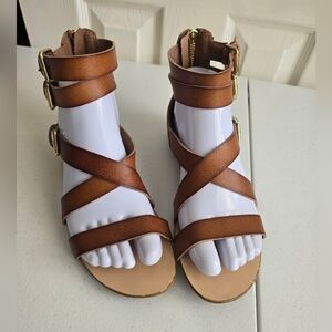 JustFab Tan Strappy Sandals with Gold Buckles No Size